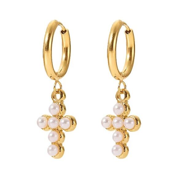 Pearl Cross Dangle Hoop Earrings 18K Gold‎ Plated Stainless Steel - Picture 4 of 7